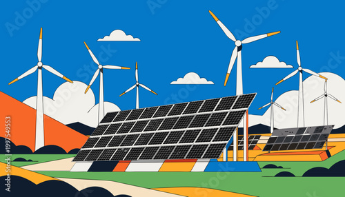 Renewable energy farm with solar panels and wind turbines under a clear blue sky with clouds