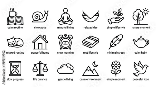 Set of minimalist linear lifestyle icons describing slow living and calm daily habits.