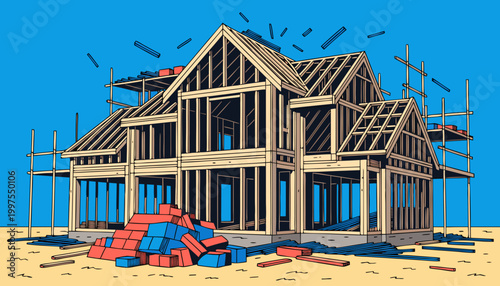 Large residential house under construction with exposed framing and scattered building materials on a clear blue background