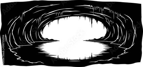 Dark flooded cave silhouette with water reflections and stalactites