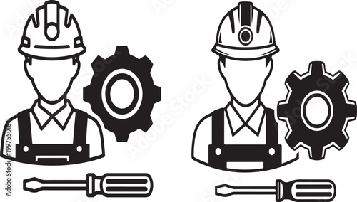 Black and white line drawing of a construction worker with a hard hat and overalls next to a gear and screwdriver on a white background