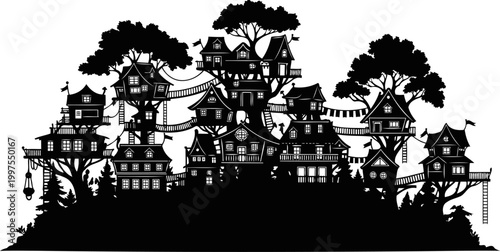 Complex treehouse village silhouette with multiple huts and bridges