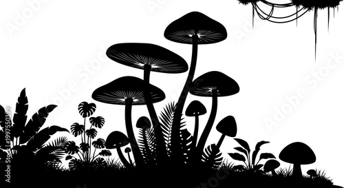 Giant mushroom silhouette forest grows among tropical jungle foliage