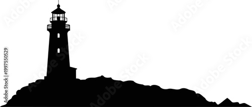 Lighthouse beacon standing on rocky shoreline