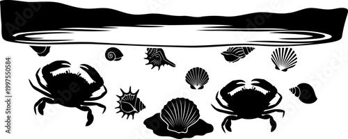 Marine life scene featuring crabs and seashells silhouette