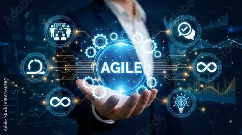 Hand holding agile globe with digital transformation icons in futuristic business setting