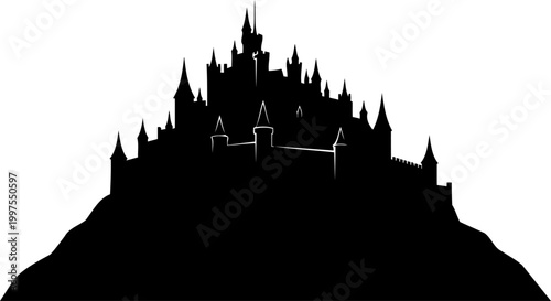 Medieval fortress castle silhouette perched on a high hill
