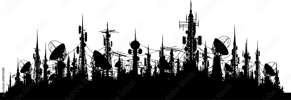 Obraz premium Telecommunication tower skyline silhouette with satellite dishes and antennas