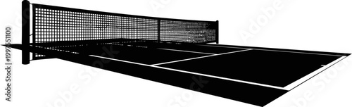 Tennis court net and baseline from a low angle silhouette