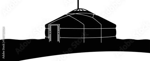 Traditional central asian yurt silhouette standing on flat ground