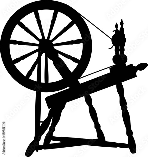 Traditional wooden spinning wheel for yarn silhouette