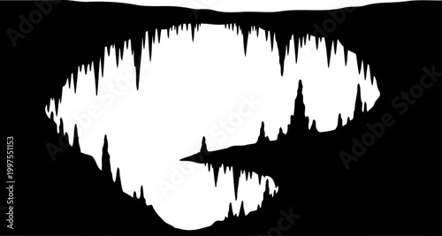 Underground cavern silhouette featuring stalactites and stalagmites