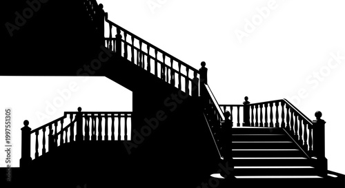 Architectural silhouette of a grand staircase with decorative railings and balustrades