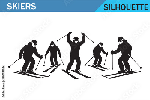 Skiers in Motion Silhouette Collection for Snow Sport Graphics