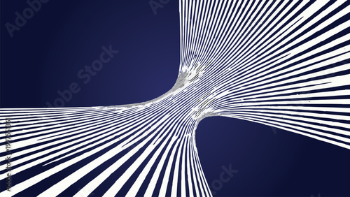 Abstract optical illusion of a curved tunnel with converging white and blue stripes on a dark blue background