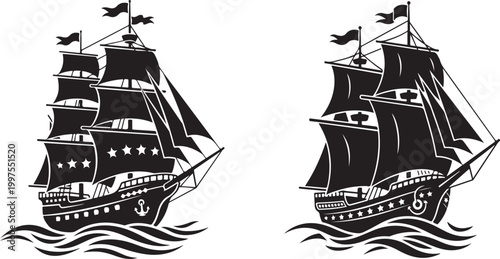Black silhouette of a sailing ship with stars on the sails isolated on white background