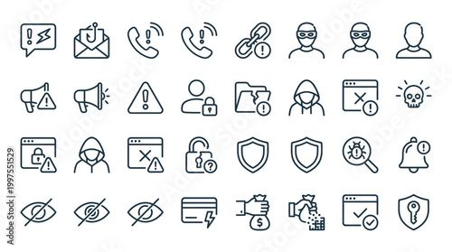 Cyber security and data protection linear icons of hacker threats and safety.