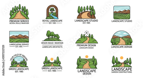 Collection of landscape design logos with green trees and hills