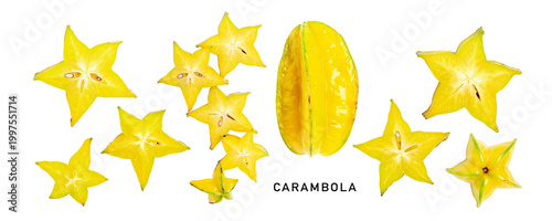 Foto Carambola fruit and star shaped slices collection banner
