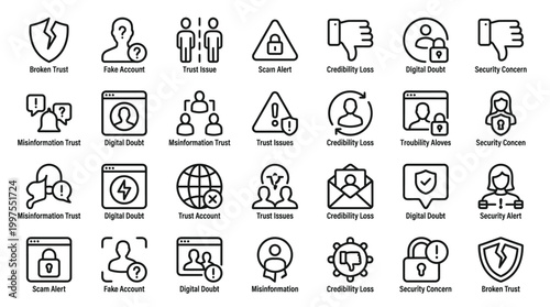 Set of trust issues and scam alert outline icons. contains icons such as broken trust, fake account.