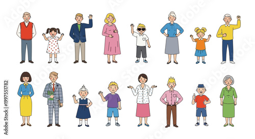 A group of diverse cartoon people standing and waving