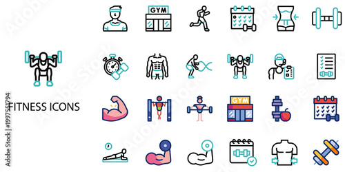 Fitness simple concept 24 color icons set .Vector illustration.