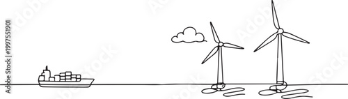 eco line drawing offshore wind farm renewable energy turbines ocean sustainability green power illustration