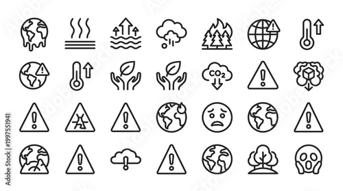 Set of climate change and global warming outline icons. contains icons such as warning, temperature.