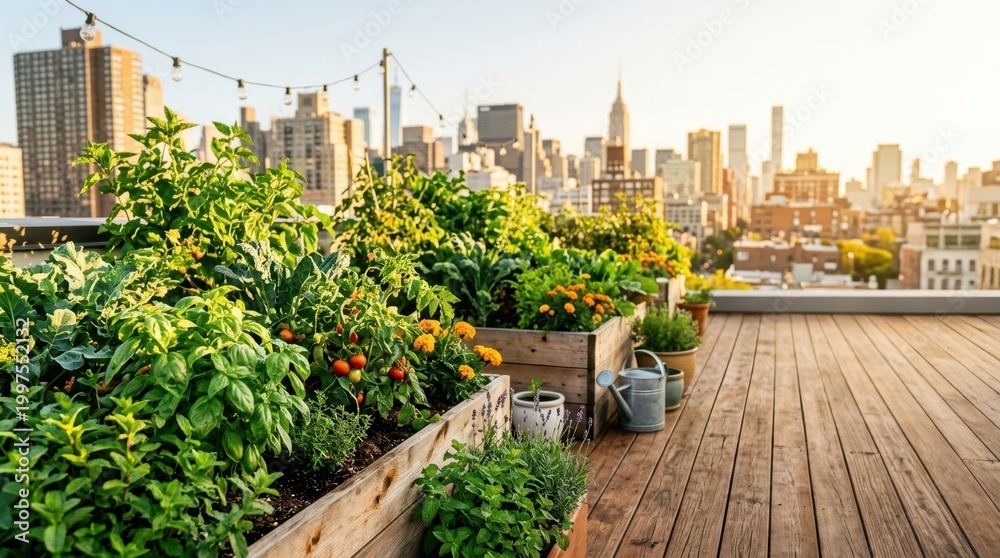 Fototapeta premium Urban rooftop garden with lush vegetables and city skyline at sunset
