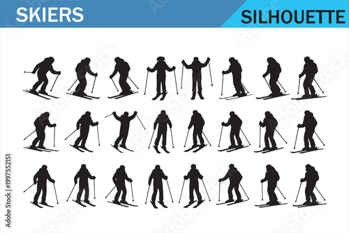 Downhill Skiing Athlete Silhouettes with Different Action Poses