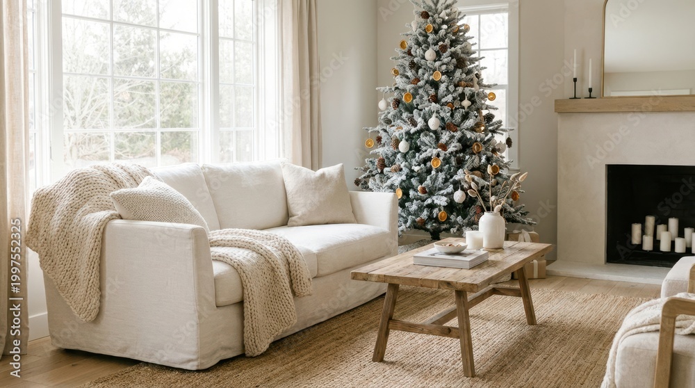 Fototapeta premium Cozy living room decorated for Christmas with a flocked tree and warm neutral tones