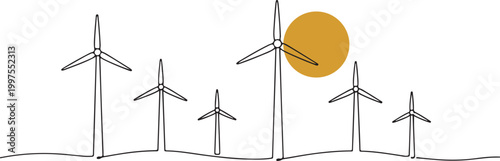 Wind farm generating renewable energy line drawing illustrating sustainable power clean environment and green technology concept
