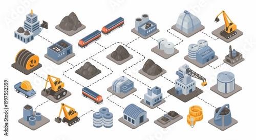 Cuadro en lienzo Isometric illustration of an industrial process flow diagram with factories, trains, and raw materials