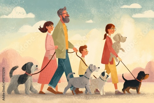 Family walking multiple dogs in sunny park