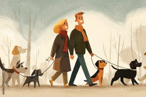 Family group enjoying walk with dogs in park