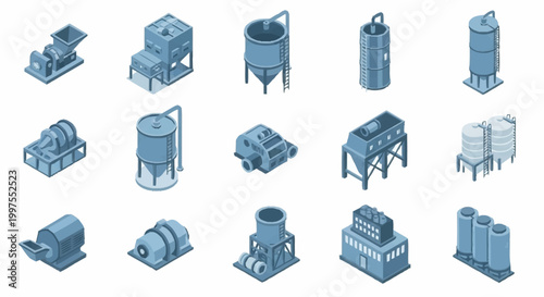 Fotografía Collection of isometric industrial machinery and equipment icons, including silos, grinders, and tanks, rendered in blue