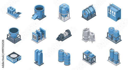 Foto Collection of isometric industrial factory equipment and machinery icons in blue tones