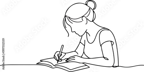 Young woman writing in diary or journal line drawing representing personal reflection creativity daily routine and self expression concept