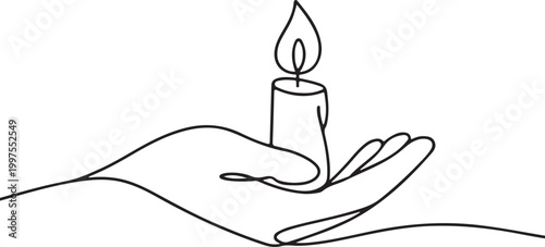 Hand holding burning candle line drawing symbolizing hope remembrance spirituality peaceful moment and emotional tribute concept