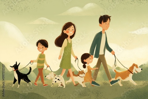 Smiling family walking pets in beautiful green park