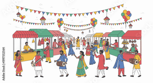 Vibrant illustration of people shopping and socializing at an outdoor market with colorful stalls and festive decorations.