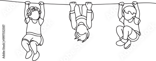 Children boys and girl playing on tree branch line drawing representing fun adventure innocence and joyful outdoor childhood moments