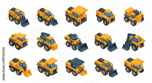 Collection of isometric construction vehicles and heavy machinery in yellow and grey colors.