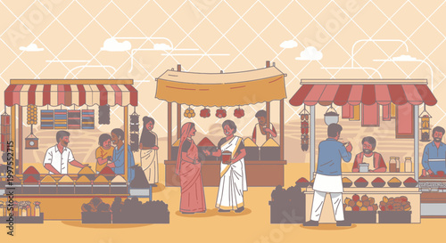 Illustration of people shopping and working at various market stalls with food and goods on display in a vibrant outdoor setting.