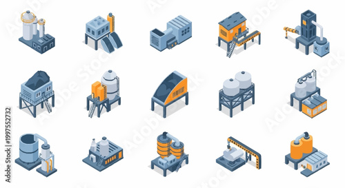 Isometric industrial factory buildings and manufacturing plants collection, vector illustration.
