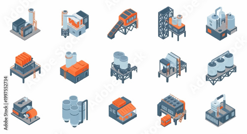 Isometric industrial factory buildings and structures collection, representing manufacturing and production facilities.