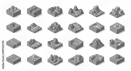 Isometric 3D terrain tiles with various landscapes and geological formations.