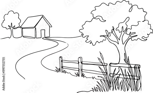 Rural landscape village with road house and wooden fence line drawing illustrating countryside scenery peaceful living and nature environment