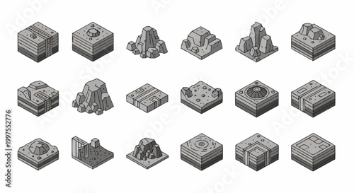 Collection of isometric pixel art terrain tiles for game development and design.
