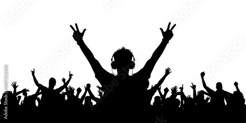 Silhouette of cheering crowd at music concert, dj with headphones and raised arms, energetic party audience on white background